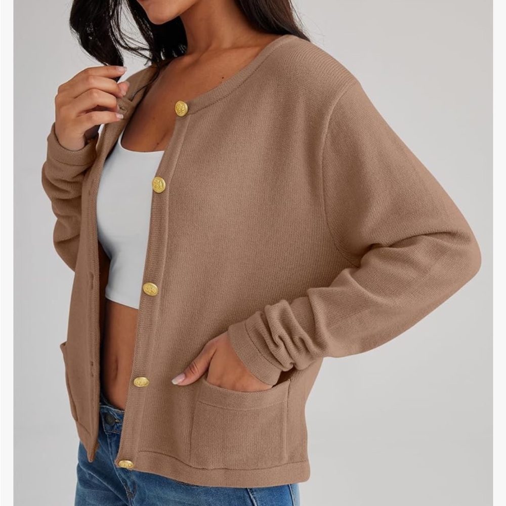 Chic Tan Cardigan with Gold Buttons